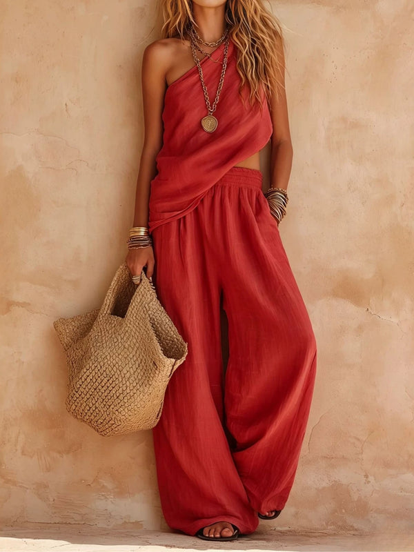 Women's One-Shoulder Sleeveless Top and Pants Set