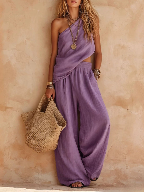 Women's One-Shoulder Sleeveless Top and Pants Set