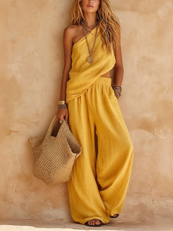 Women's One-Shoulder Sleeveless Top and Pants Set