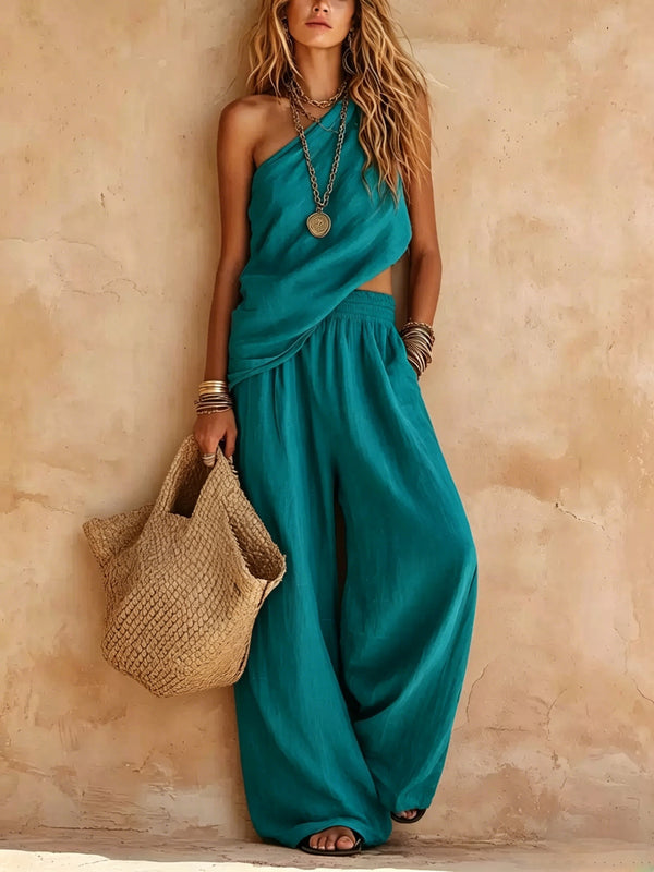 Women's One-Shoulder Sleeveless Top and Pants Set