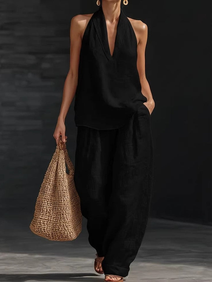 Sleeveless Set with V-Neck Top and Wide-Leg Pants for Women