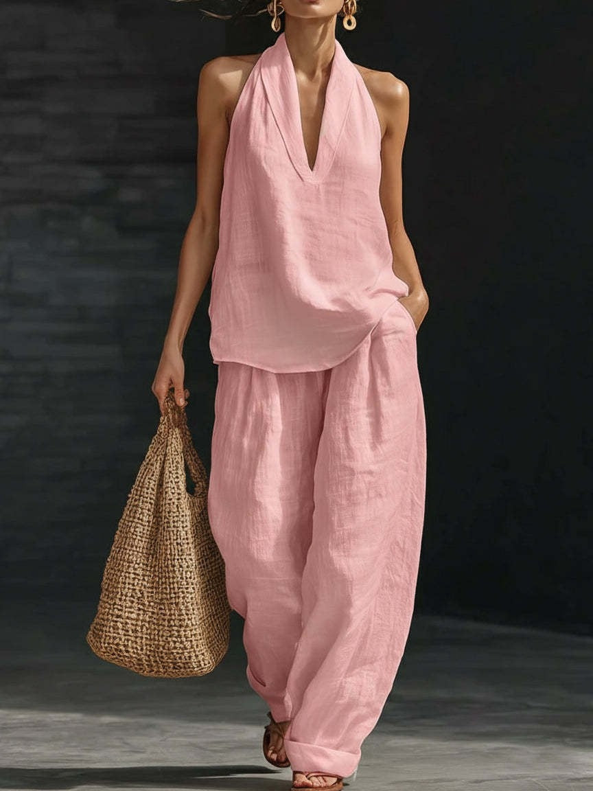 Sleeveless Set with V-Neck Top and Wide-Leg Pants for Women