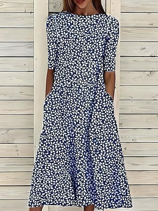 Floral Midi Dress with Round Neck